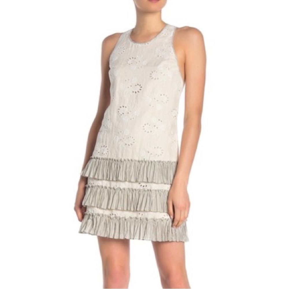 Linen Eyelet Ruffle Criss-Cross Back Dress with Drop Waist, Summery & Chic!